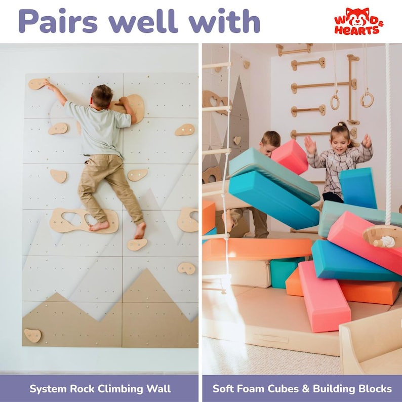 Wooden indoor playhouse with climbing and sliding features for children.