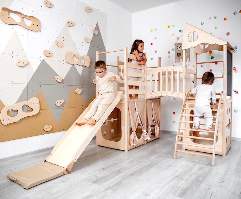 Large Montessori Indoor Playhouse in the Morning Light finish with climbing arch, ramp and playhouse details.